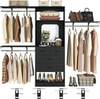 Unikito 8FT Closet System with 4 Drawers, 96" Wood Closet Organizer with Mirror and Hanging Rods, Sturdy Walk in Wardrobe Closet Insert with Tower, 96" W x 16" D x 80" H (Can Be Cut To Fit), Black