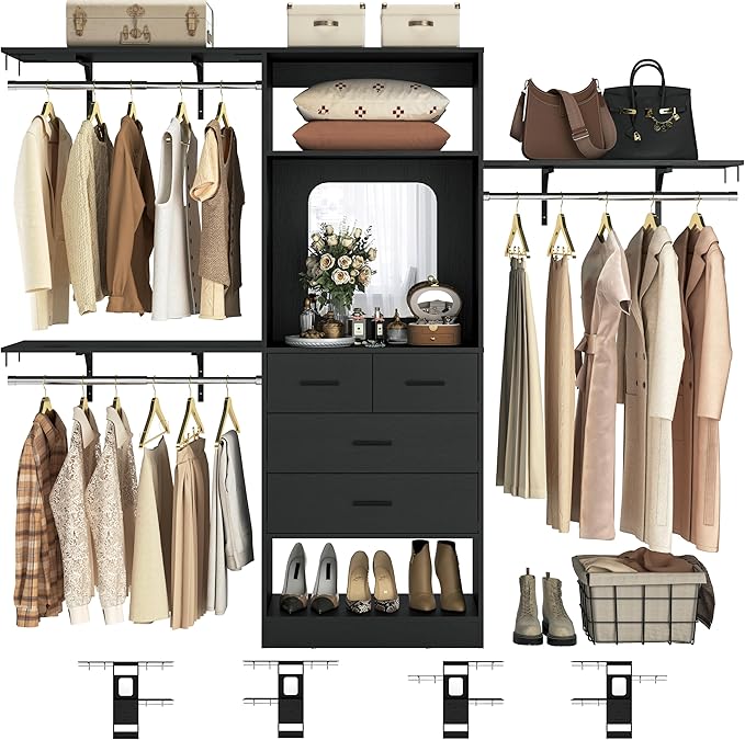 Unikito 8FT Closet System with 4 Drawers, 96" Wood Closet Organizer with Mirror and Hanging Rods, Sturdy Walk in Wardrobe Closet Insert with Tower, 96" W x 16" D x 80" H (Can Be Cut To Fit), Black