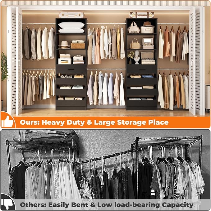Aheaplus Closet System Set of 2, 4-9Ft Wood Closet Organizer with Drawers & Shelves, Closet Organizer System with 8 Hanging Rods, Walk-in Closets Organizer Wardrobe Closet Rack, Black1