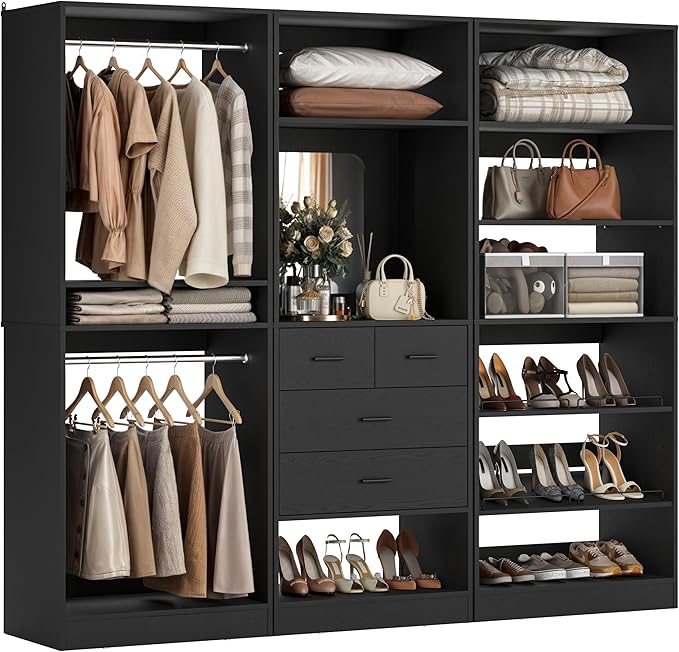Unikito 75” Closet System with Drawers, 6.2FT Wood Closet Organizer with Hanging Rods and Mirror, Reversible Large Walk in Closets Wardrobe Garment Rack with Shoe Shelves, Max Load 2000 LBS, Black