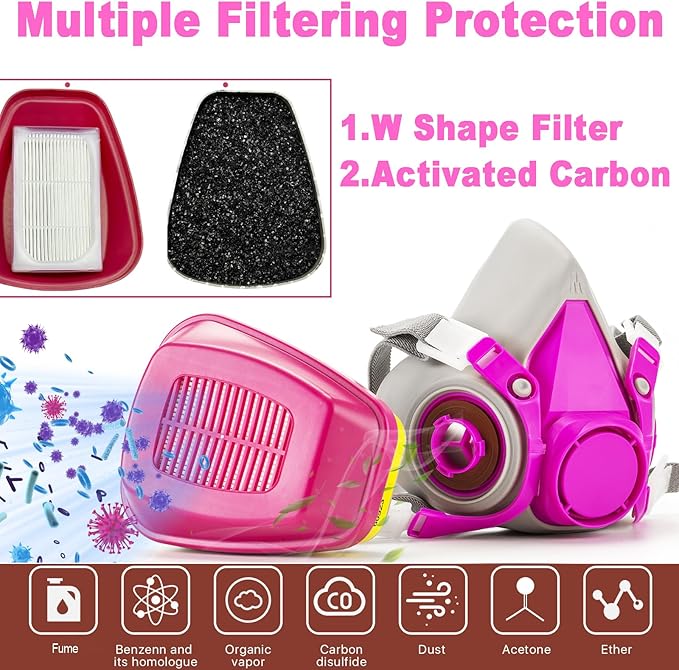 RANKSING Respirator Mask with Filters and Glasses to Against Dust Gases Fumes in Painting Spraying Sanding Orange/Pink