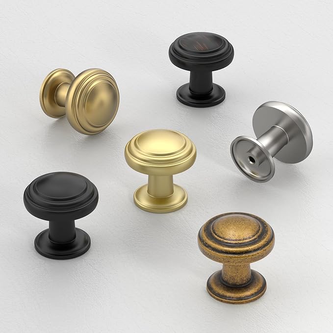 Amerdeco 10 Pack Antique Brass Cabinet Knobs Single Hole Cabinet Pulls 1 Inch Drawer Knobs for Bathroom Cabinets ZH0086
