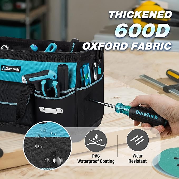 DURATECH 18-Inch Large Tool Bag with Waterproof Hard Bottom, Tool Bags for Men Heavy Duty with 19 Pockets, Wide Open Mouth Toolbag for Electricians Mechanic Plumber HVAC