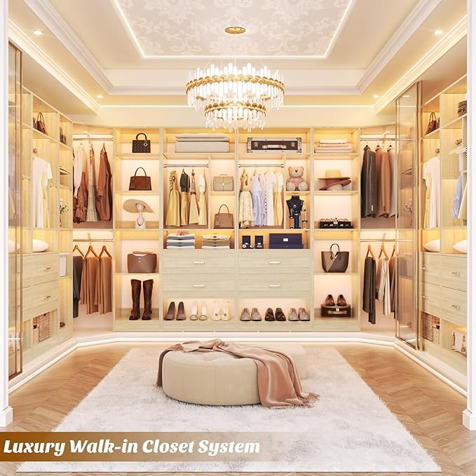 Large Corner Closet System with 3 Sets, 87.2" Closet Organizer System with 4 Drawers & 4 Hanging Rods, Reversible L Shaped Walk-in Closets, Load 2000+LBS, White Oak (87.2" L x 39.2" W x 80" H)