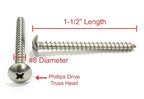 No. 8 x 1-1/2" Stainless Truss Head Phillips Wood Screw, (100 pc), 18-8 (304) Stainless Steel Sheet Metal Screws, Type A Point, Plain Finish by Bolt Dropper