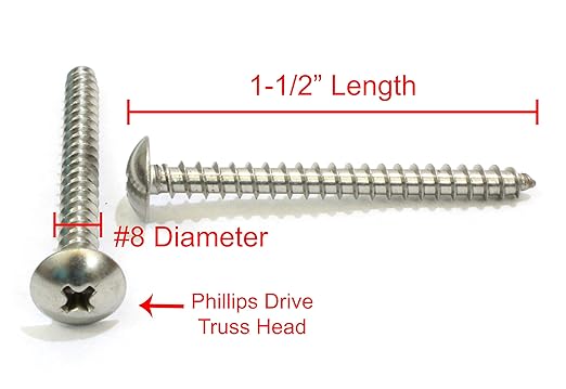 No. 8 x 1-1/2" Stainless Truss Head Phillips Wood Screw, (100 pc), 18-8 (304) Stainless Steel Sheet Metal Screws, Type A Point, Plain Finish by Bolt Dropper
