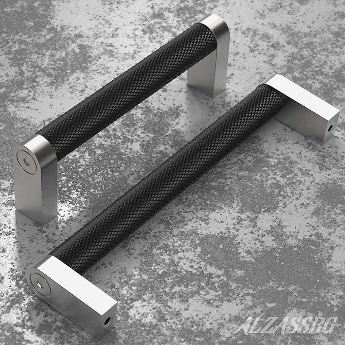 Alzassbg 10 Pack Silver and Black Cabinet Pulls, 3 Inch(76mm) Hole Centers Cabinet Handles Kitchen Hardware Knurled Drawer Handle Pull AL3101CP-MB