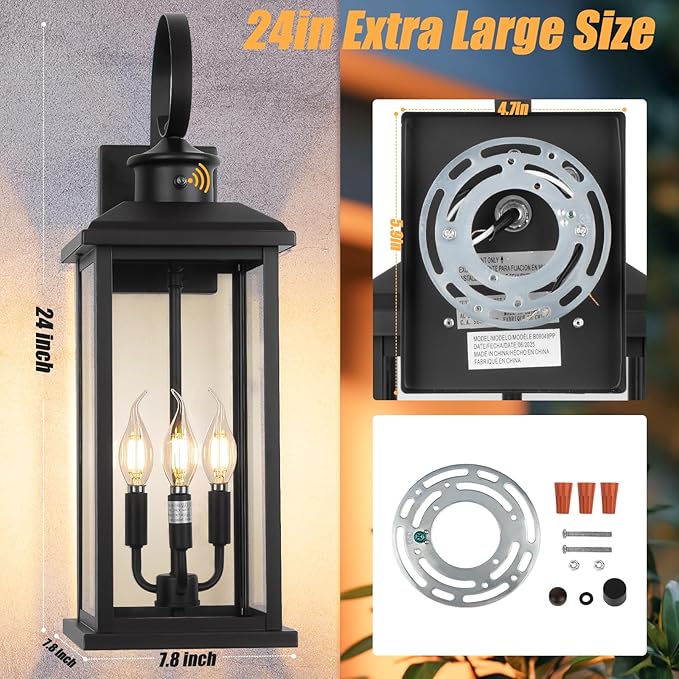 24" Dusk to Dawn Outdoor Wall Light Fixture 2 Pack-Black Extra Large Modern Porch Lantern 3-Light, Waterproof Exterior Lighting Sconce Wall Mount, Outside Lamp for Entryway Garage Coach E12 Base