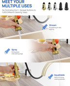 J-HVA Pull Down Kitchen Faucet Sprayer Head Replacement Part, 3 Function Pull Out Sink Sprayer Replacement Nozzle with 15 Adapters, Kitchen Faucet Head Hose Spray Tap Spout, Brushed Gold