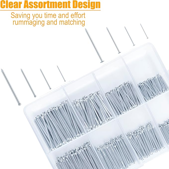 KURUI 700PCs Nails Assortment Kit & 8oz Hammer, Small Hammer for Hanging Wall Art Decor, Picture Frame, 350 Roofing/Wall Nails & 350 Finishing Nail