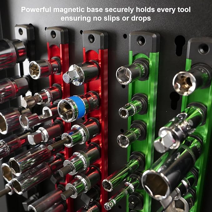 Magnetic Socket Holder Organizer Set: 6-Piece 1/4, 3/8, 1/2 Drive Socket Trays Socket, 360° Swivel Clips Socket Holder Kit, For Automotive Mechanic Garage (Black Red Green)