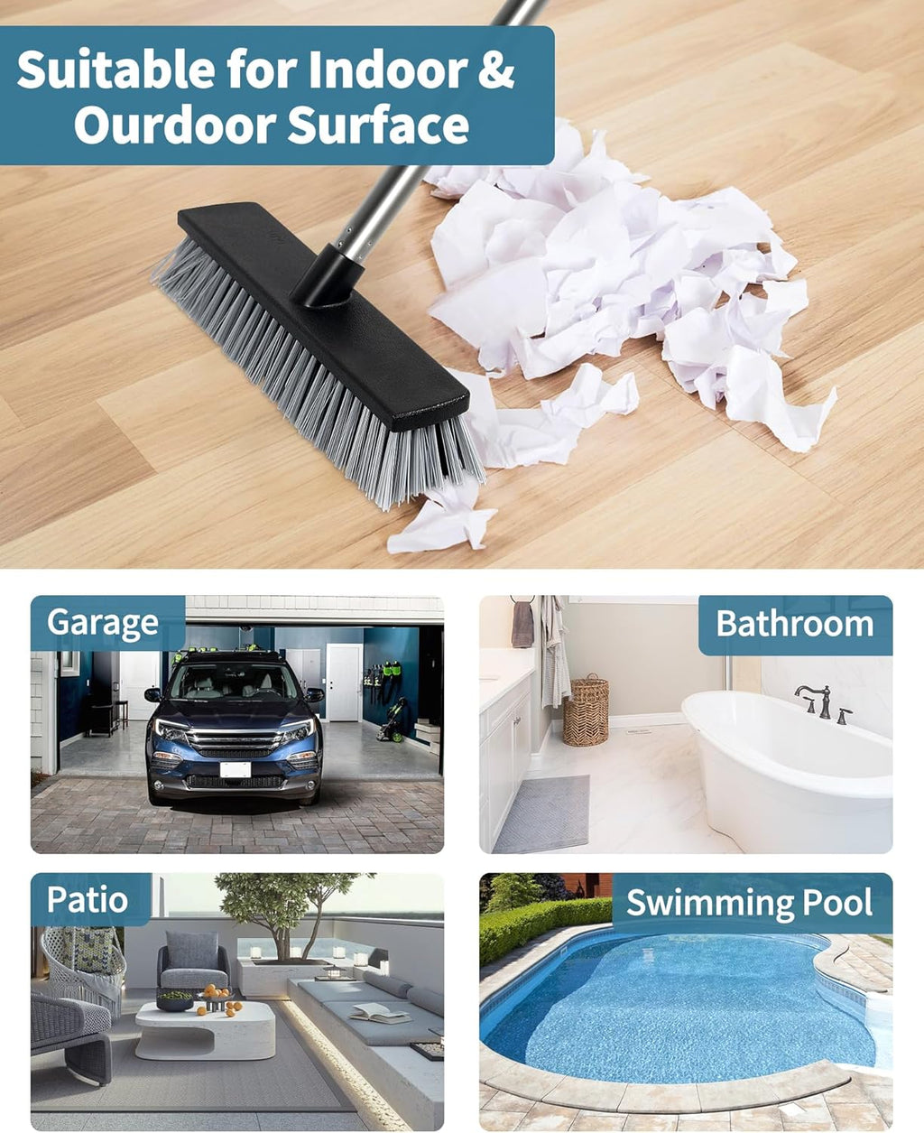 LandHope Hard Bristle Deck Broom Adjustable Long Handle Scrub Brush Heavy Duty Concrete Push Broom Outdoor Brush Garage Broom Wood Large Floor Scrubber 28-52 inch Balcony -Multi Segment Handle