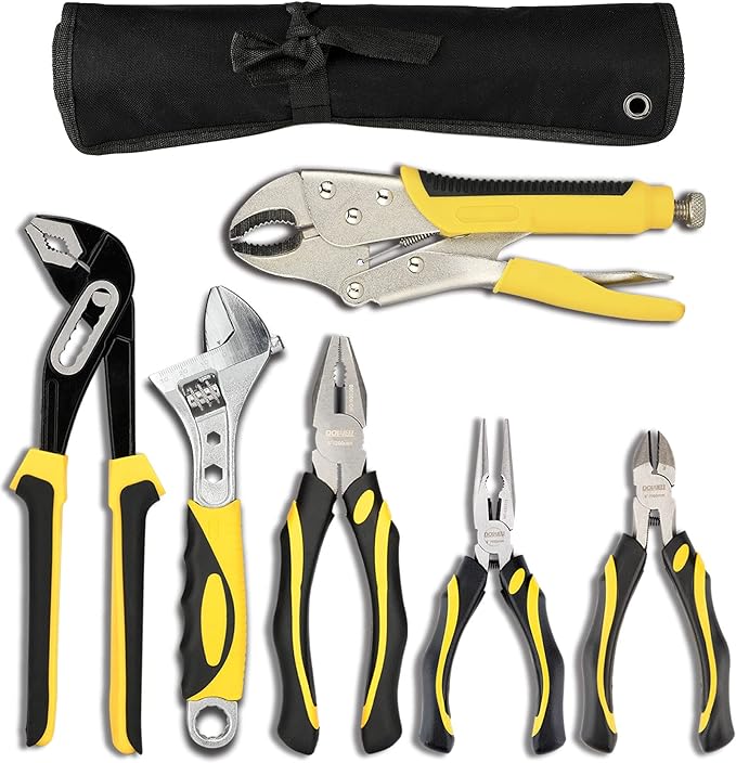DOWELL Pliers Set - 6-Piece Kit with Groove Joint, Adjustable Wrench, Combination, Locking & Long Nose Diagonal Cutting Pliers