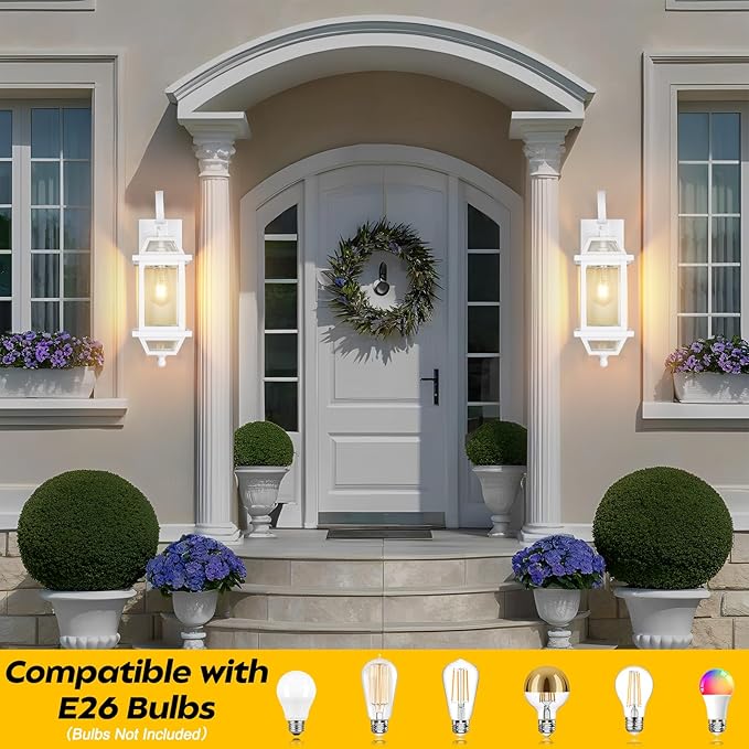 White Outdoor Wall Lantern 2-Pack, Large 18" Aluminum Exterior Wall Sconce Outdoor Porch Lights with Clear Glass, White Carriage Lights Outdoor Enclosed Bottom Outdoor Wall Light for House ETL listed