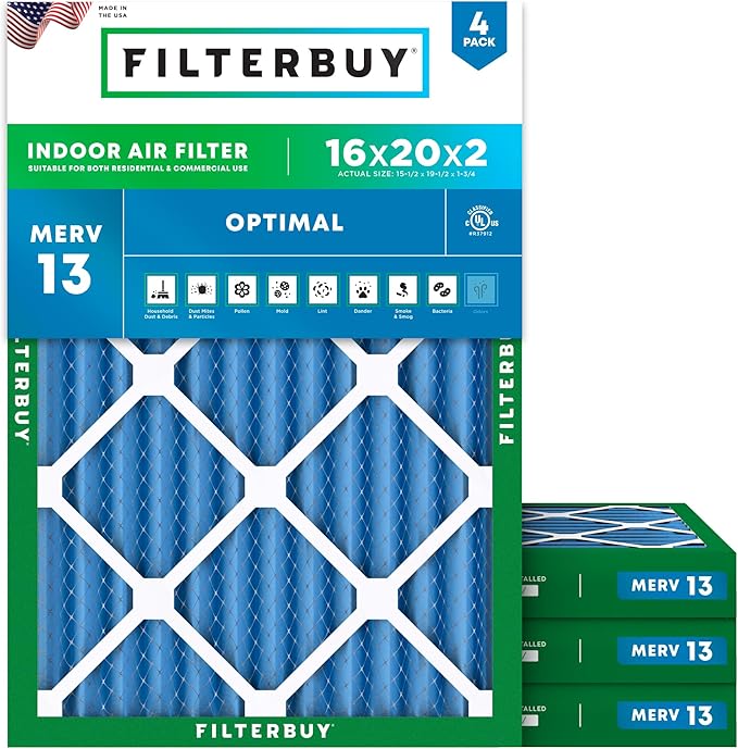 Filterbuy 16x20x2 Air Filter MERV 13 (MPR 1900) Health Defense Replacement (4-Pack), Electrostatic Pleated HVAC AC Furnace Filters, Made in USA (Actual Size: 15.50 x 19.50 x 1.75)