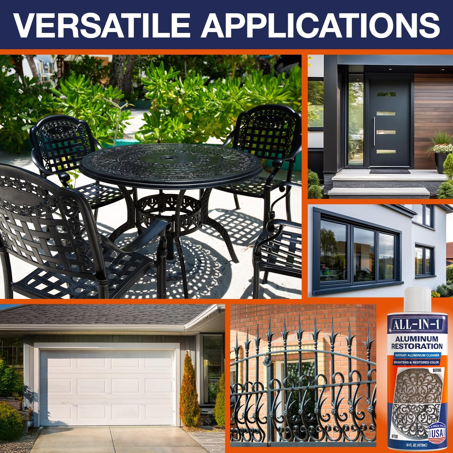All-In-1 Aluminum Cleaner & Restoration Solution – Made in USA, Restores Faded Patio Furniture, Garage Doors, & Outdoor Fixtures, Aluminum Brightener & Restorer for All Painted Metal Surfaces, 16 OZ