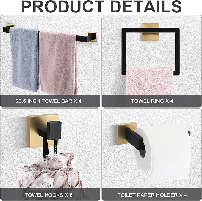 Gisafai 20 Pcs Bathroom Hardware Accessories Set 23.6 Inch Bath Towel Bar Kit Stainless Steel Bathroom Hardware Set Towel Racks Ring Hooks Paper Holder for Wall Mounted (Black Gold)