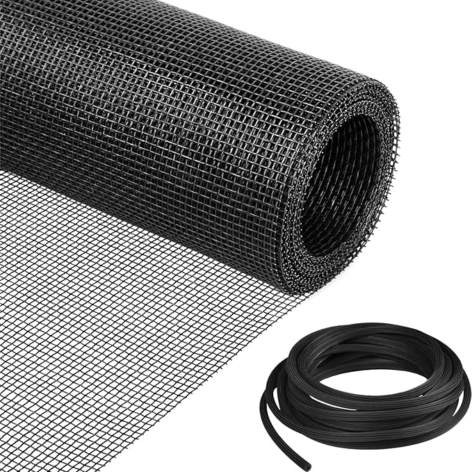 Window Screen Replacement Kit, 36"W × 90"L Durable Polyester Adjustable Screen Mesh with Retainer Spline (32ft) for DIY Project Window Screen Door Screen Replacement & Repair, Black
