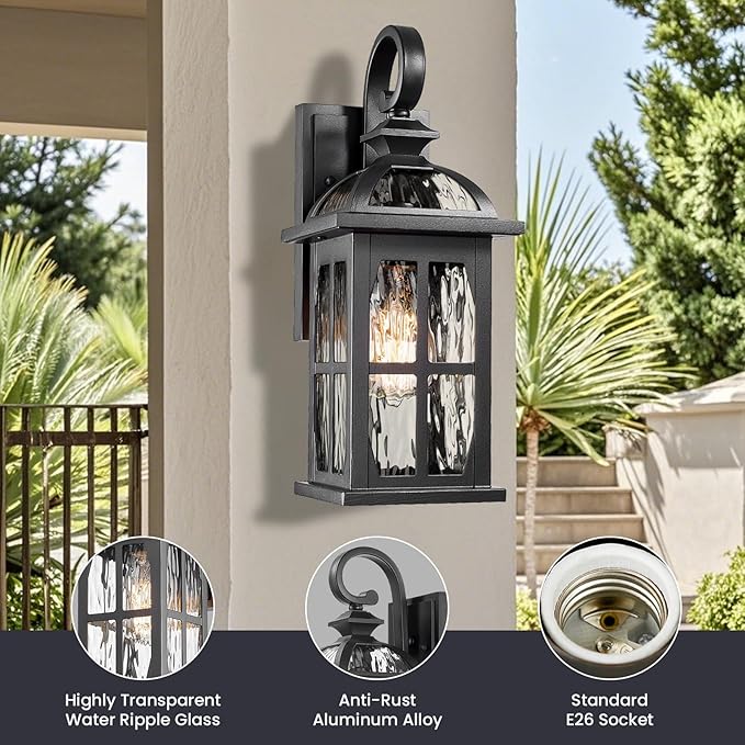 Outdoor Light Fixtures Wall Mount Aluminum Outdoor Wall Lights with Water Ripple Glass Waterproof Black Finish Exterior Wall Sconce Porch Lights for House Garage Doorway 15 Inch Height 2-Pack
