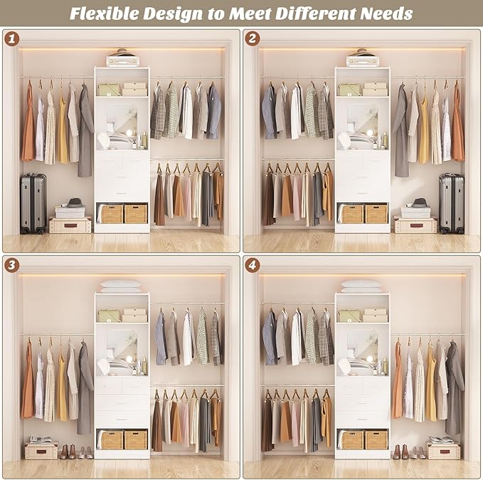Unikito 48" W - 96” W Closet Organizer, 8FT Walk in Closet Systems Starter Kit with 25” Tower and 3 Extendable Hanging Rods, Sturdy Wood Garment Rack with 4 Drawers and Mirror, Max Load 1000 LBS White