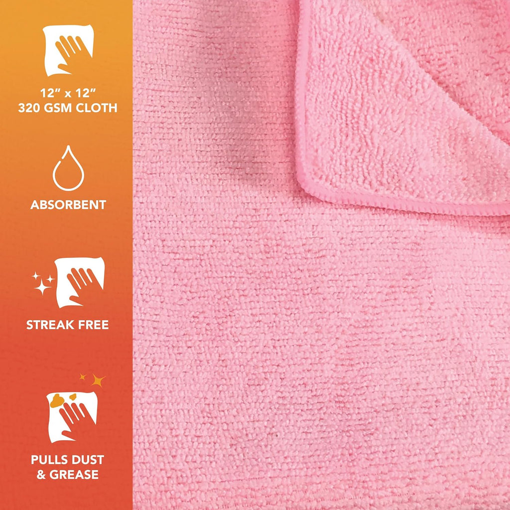 Arkwright Microfiber Cleaning Cloths - (Pack of 12) Lint & Streak-Free Drying Wash Towels, 320 GSM Super Absorbent & Quick Dry, Perfect Cleaner for Car, Glass, and Window, 12 x 12 in, Pink