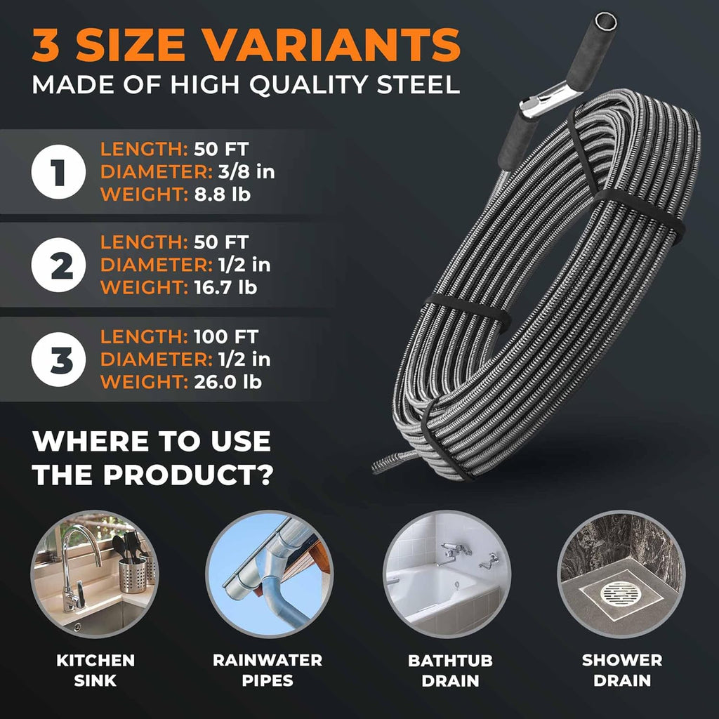 drain snake 3.0 [50 FT] - extremely long - Ideal plumbing snake for heavy & deep blockages - The drain auger for real do-it-yourselfers! (50 FT - 3/8 inch)