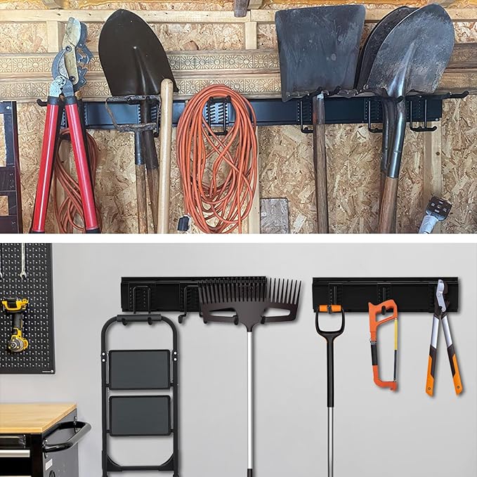 AIRTOON Garage Tool Organizer, 48 Inch Garage Organizer Wall Mounted Storage System with 9 Hooks, Max Load 500lbs Garage Storage for Garden Tools, Shovels, Trimmers, Hoses