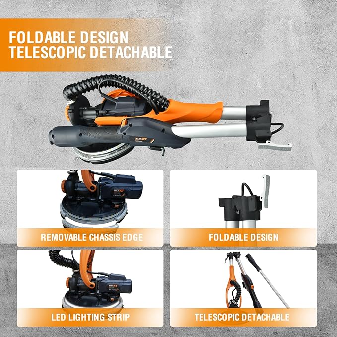 MAXXT Drywall Sander with Vacuum Dust Collection, 6 Variable Speed Foldable Telescopic Electric Wall Sander, Popcorn Ceiling Removal Tool, 1900RPM Power Sander Tool, LED Light, 18Pcs Sanding Discs