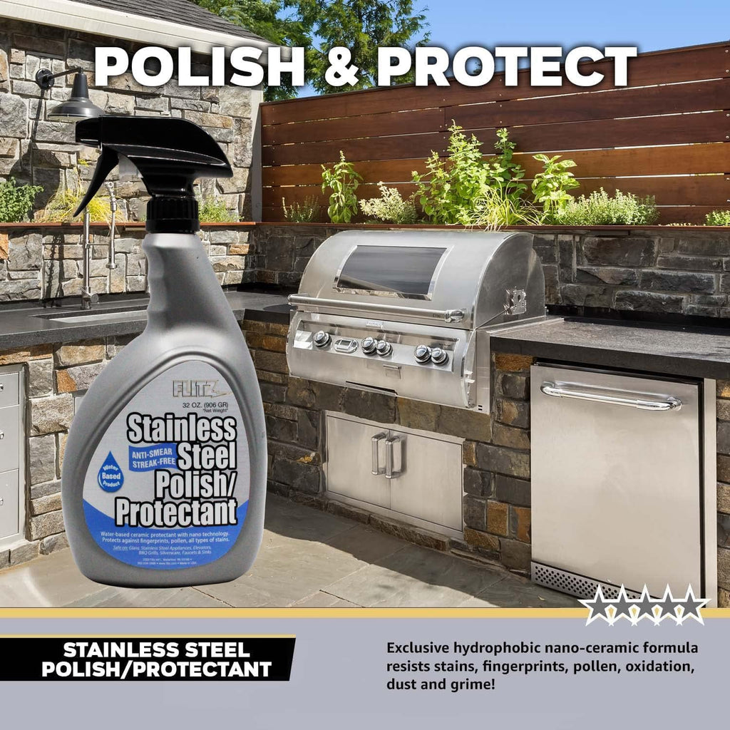 Flitz Stainless Steel Polish Protectant - 32oz Bottle, USA-Made Ceramic Coating for Stainless Steel Appliances, Repels Fingerprints & Water Spots - Aluminum & Chrome Polish & Protectant (1 Pack)