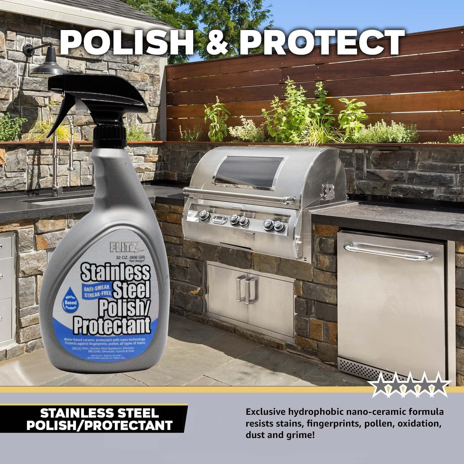 Flitz Stainless Steel Polish Protectant - 32oz Bottle, USA-Made Ceramic Coating for Stainless Steel Appliances, Repels Fingerprints & Water Spots - Aluminum & Chrome Polish & Protectant (1 Pack)