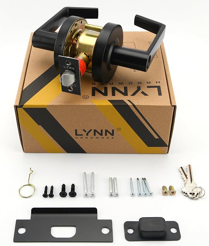 LYNN HARDWARE Commercial Door Lever Lock - Heavy-Duty Locking Door Handle, Designer Door Handles, Cylindrical Lever Lock, Non-Handed Grade 2 Door Handle, Matte Black, Storeroom Function