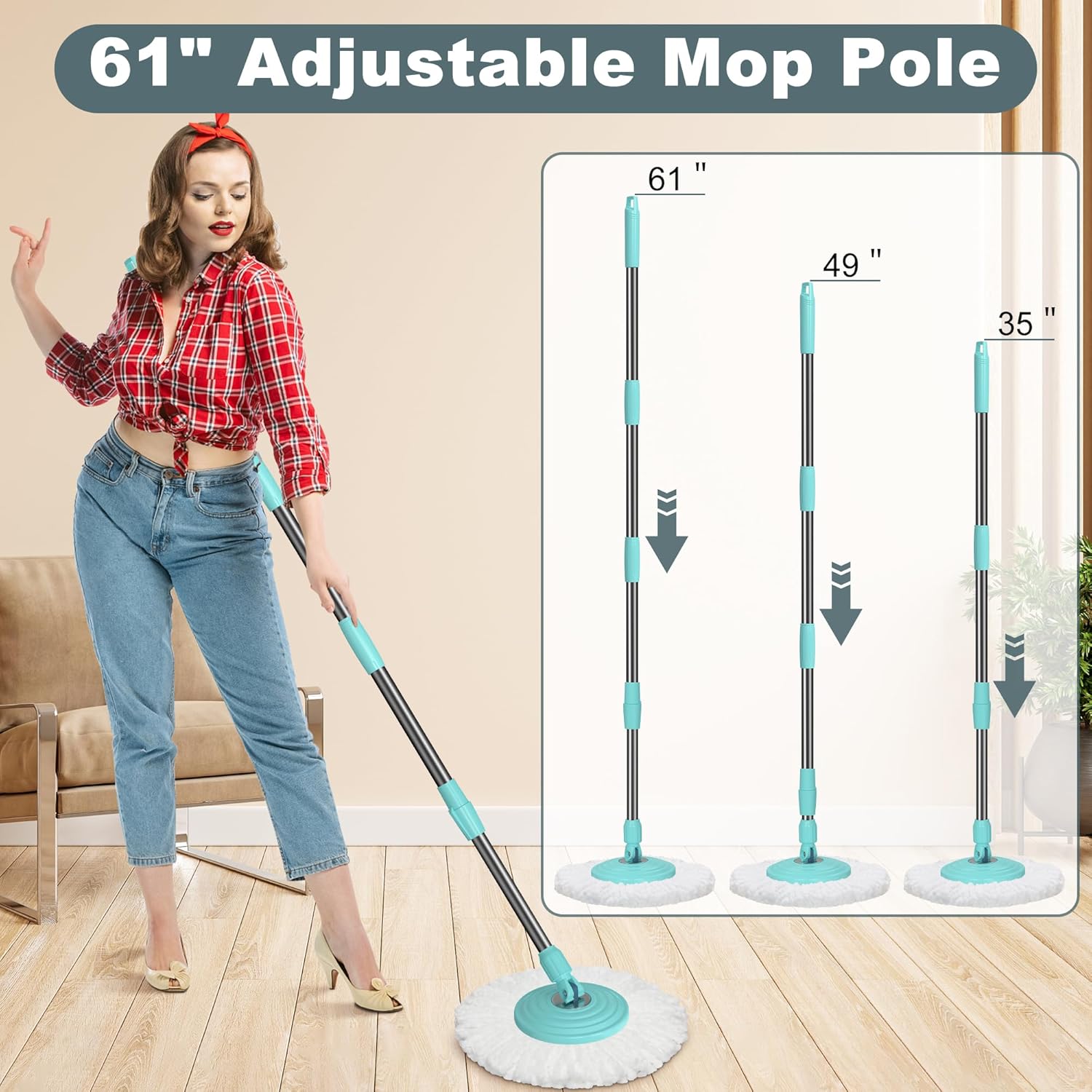 Spin Mop and Bucket System, Mop and Bucket with Wringer Set,Mops for Floor Cleaning,Household Supplies Tools with 3 Replacement Refills,61" Extended Handle for Household Hardwood Floor - Green