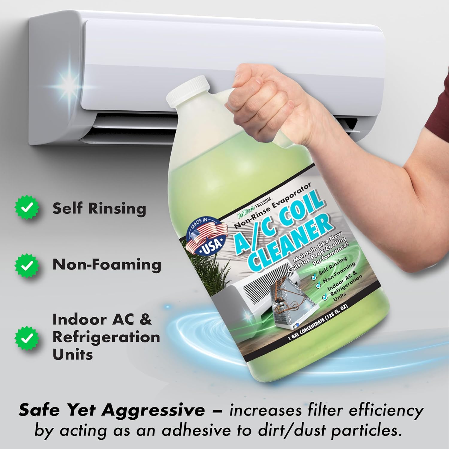 Nature's Freedom AC Coil Cleaner – 1 Gallon No Rinse Coil Cleaner for Air Conditioners, Mini Splits, Heat Pumps & Window Units – Non-Foaming, Metal-Safe Formula