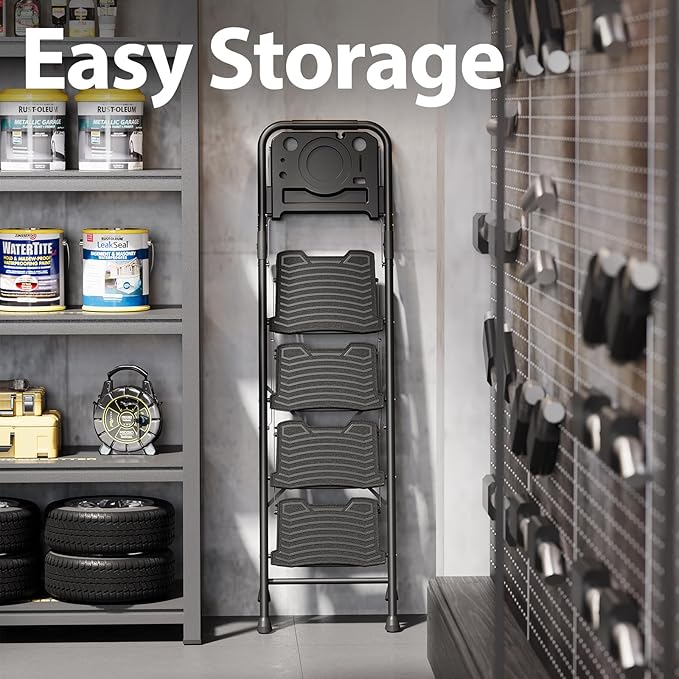 KINGRACK 4 Step Ladder with Tool Platform, Sturdy Step Stool, Anti-Slip Wide Pedals, Handrail, Foldable Step Ladder, Pass 900LBS Testing, Multi-Use for Home, Garage, Garden, Painting, Black