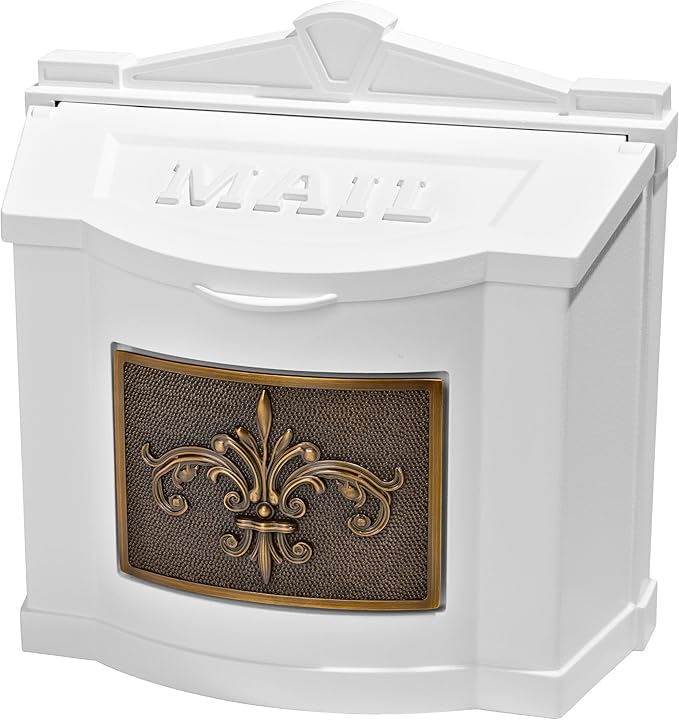Gaines Wallmount Mailbox - Powder Coated Aluminum with Solid Brass Accents - Mounting Hardware Included (White with Antique Bronze Fleur De Lis)
