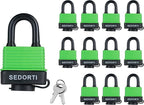 Colored Waterproof Padlocks, Heavy Duty Laminated Steel Lock with Green Plastic Covered, Keyed Alike Outdoor Locks, Can Be Used as Lockout Tagout Lock, Pack of 12