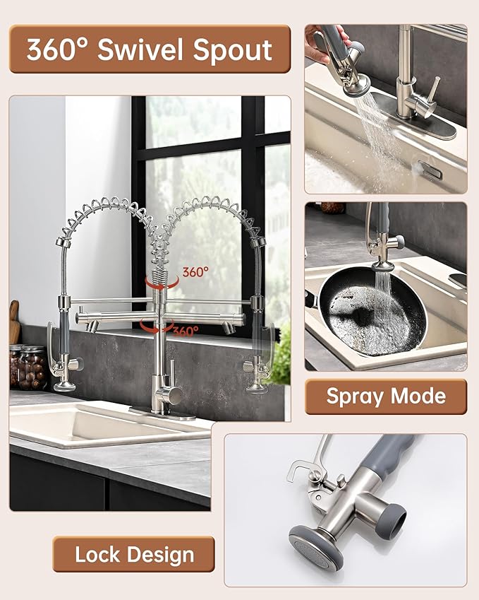 Fapully Kitchen Faucet with Pull Down Sprayer,Commercial Kitchen Sink Faucet with Deck Plate,Brushed Nickel