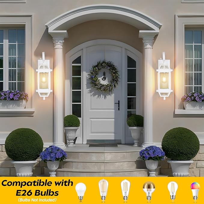 White Outdoor Wall Lantern 2-Pack, Large 18" Aluminum Exterior Wall Sconce Outdoor Porch Lights with Clear Glass, White Carriage Lights Outdoor Enclosed Bottom Outdoor Wall Light for House ETL listed