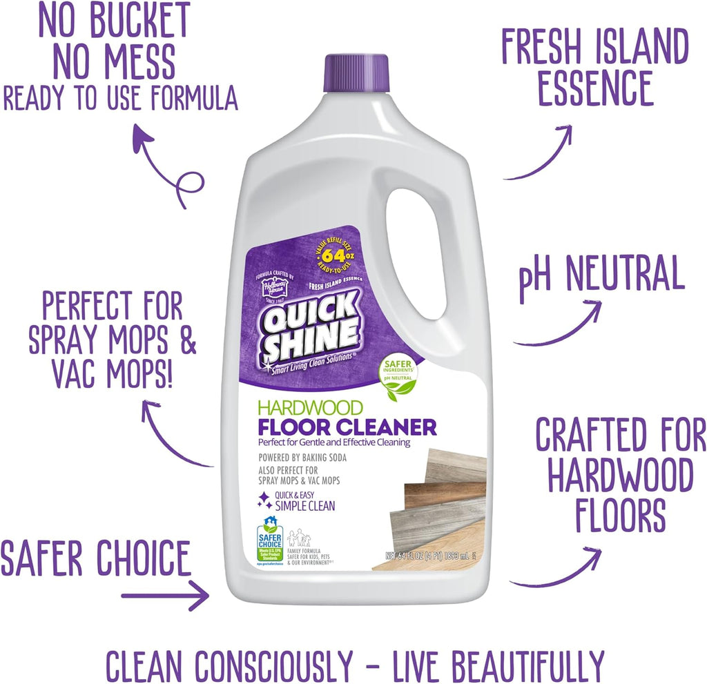 Quick Shine Hardwood Floor Cleaner 64oz, 4Pk| Use in Spray & Vac Mops| Removes Dirt & Scuff Marks| Ready-to-Use, Streak Free, No Rinse| Safer Choice Cleaner| Perfect for Gentle and Effective Cleaning