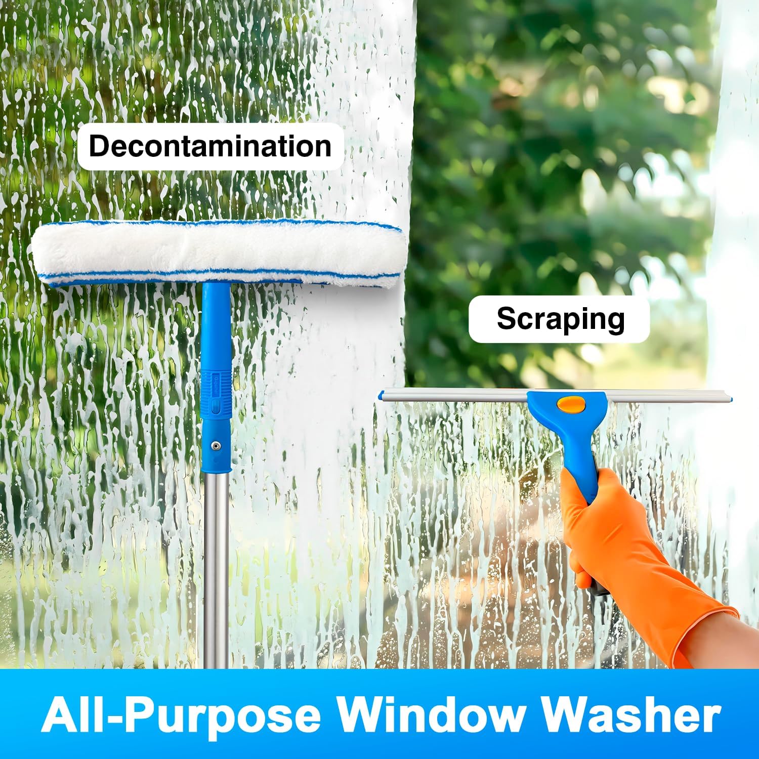 Squeegee for Window Cleaning, 14" Extra-Large Squeegee & Microfiber Scrubber Combi with 60" Stainless Steel Pole, Window Cleaning Kit for Shower Glass Mirror Door Car-2 Pads