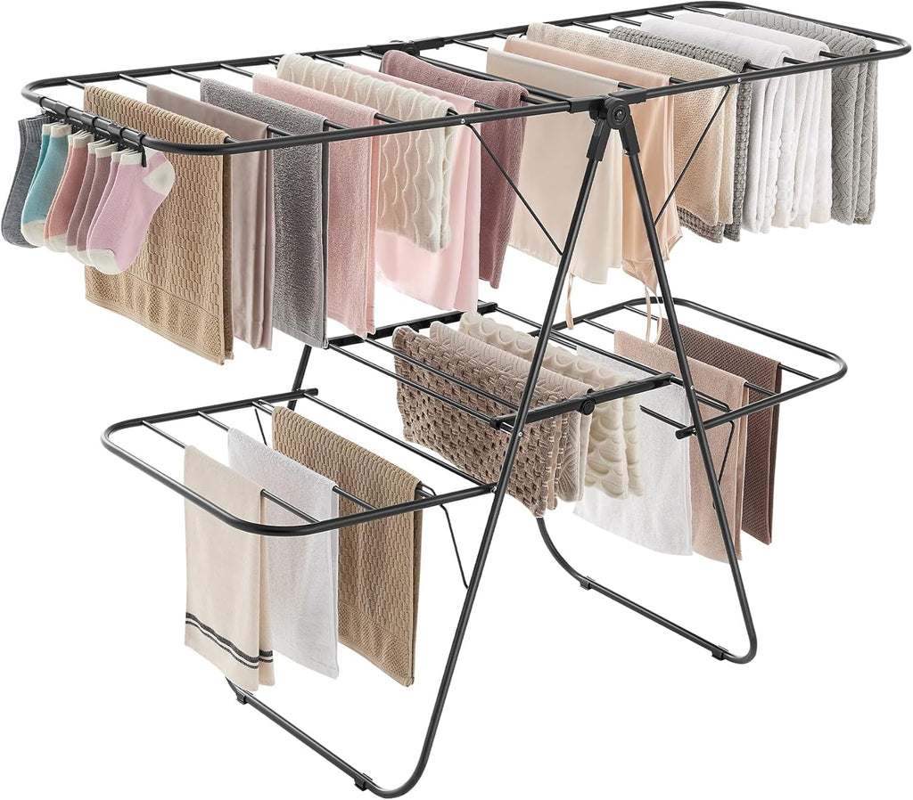 SONGMICS Clothes Drying Rack, Foldable 2-Level Laundry Drying Rack, Free-Standing Laundry Airer, with Height-Adjustable Wings, 33 Drying Rails, Sock Clips, Black ULLR053B01V1
