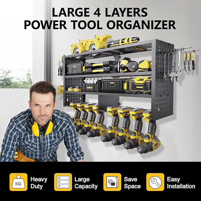 Large Power Tool Organizer Wall Mount, 4 Layer Garage Storage Cordless Tool Organizer with 8 Drills Holder, Heavy Duty Premium Metal Load 400 lbs, Ideal Garage Organization Gifts for Men