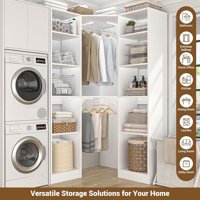 Corner Closet System with 12 Shelves, 39.2" Corner Closet Organizer System with 2 Hanging Rods, Versatile 6-Tier Walk-in Closets for Corner Space, White (39.2" L x 39.2" W x 80" H)