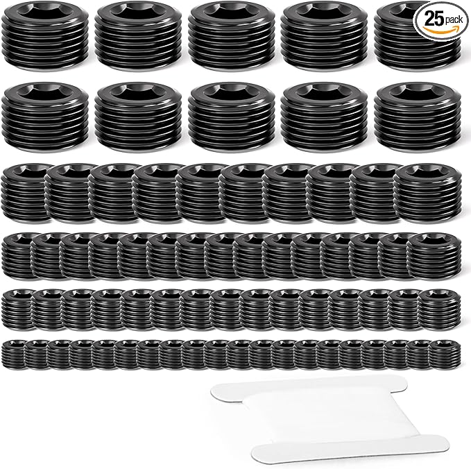 GASHER 25Pcs Carbon Steel Pipe Plug Fitting Internal Hex Thread Socket Pipe Plug Set, 1/8" 1/4" 3/8" 1/2" 3/4" NPT