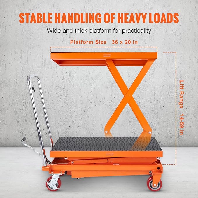 VEVOR Hydraulic Lift Table Cart, 770lbs Capacity 59" Lifting Height, Manual Double Scissor Lift Table with 4 Wheels and Non-Slip Pad, Hydraulic Scissor Cart for Material Handling and Transportation