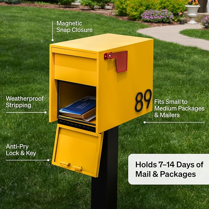 Adoorn Lockable Post Mount Mailbox |Large Malbec, Size 12 x 12 x 18.5 (HxWxD) Anti-Theft Locking Mailbox with 2 Keys, Modern Mailbox with Flag, Weatherproof Mailboxes for Outside
