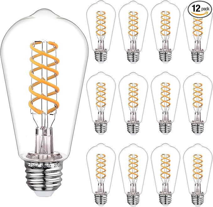 12 PCS Dimmable Vintage LED Edison Bulbs, 6W Equivalent 60 Watt, Warm White 2700K, Antique Flexible Spiral LED Filament Light Bulb, ST58 (ST19), 600 Lumens, E26 Base, Clear Plastic