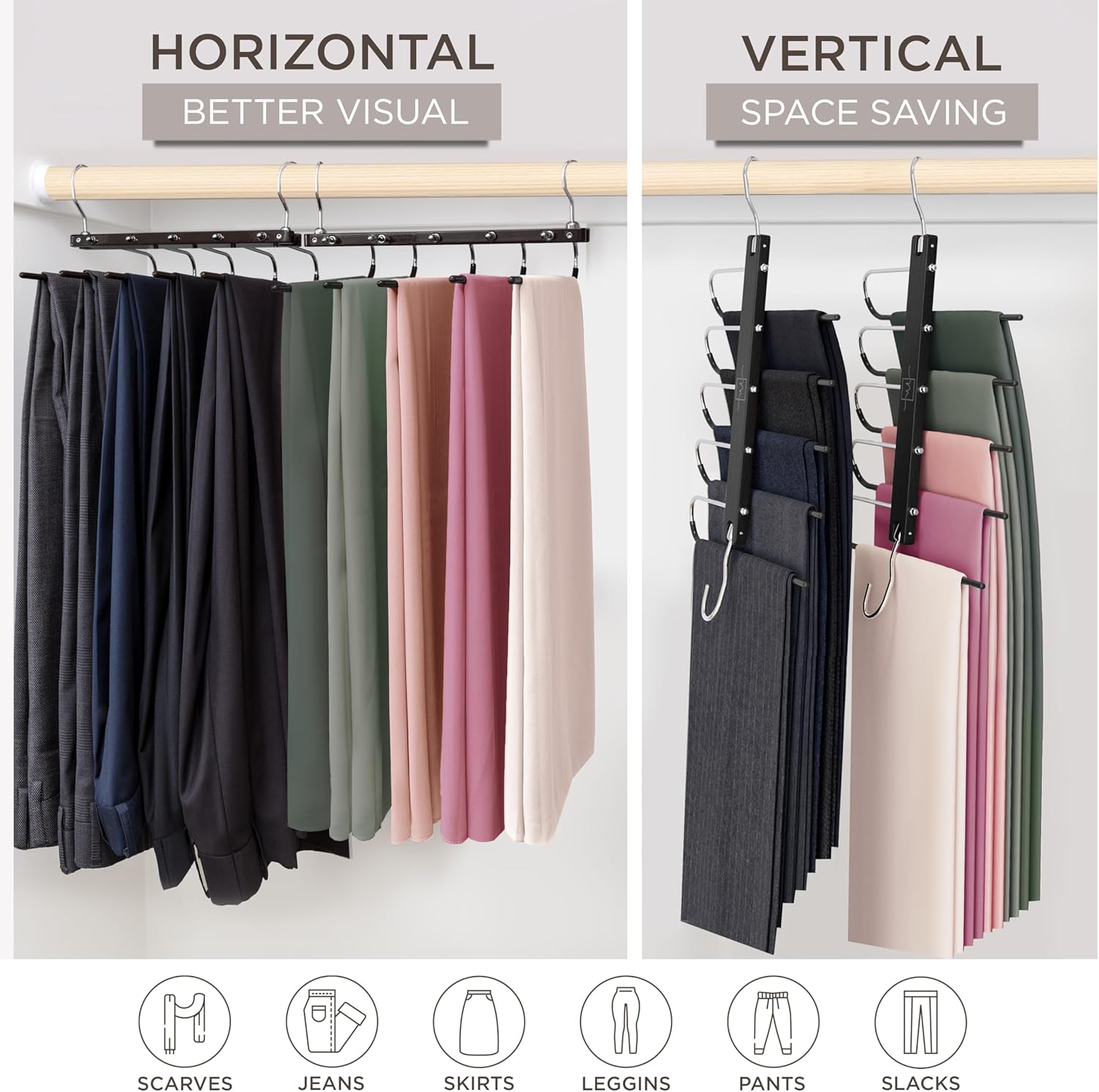 MORALVE Pants Hangers Space Saving - 2 Pack European Beechwood Scarf and Jean Hangers - Closet Organizer and Space Saver Pant Rack, Leggings Hanger, and Scarf Holder with 360° Swivel Hook