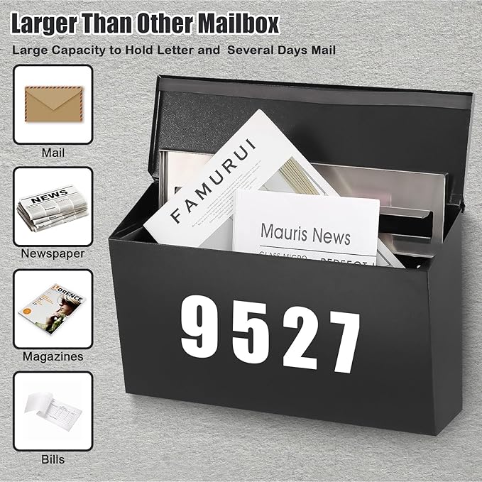 KYODOLED Locking Wall Mount Mailboxes for Outside, Large Capacity Mail Box for House with Key Lock, Security Drop Box, Metal Post Box for Home, Office Decorative,15.7 * 9.9 * 4.9in