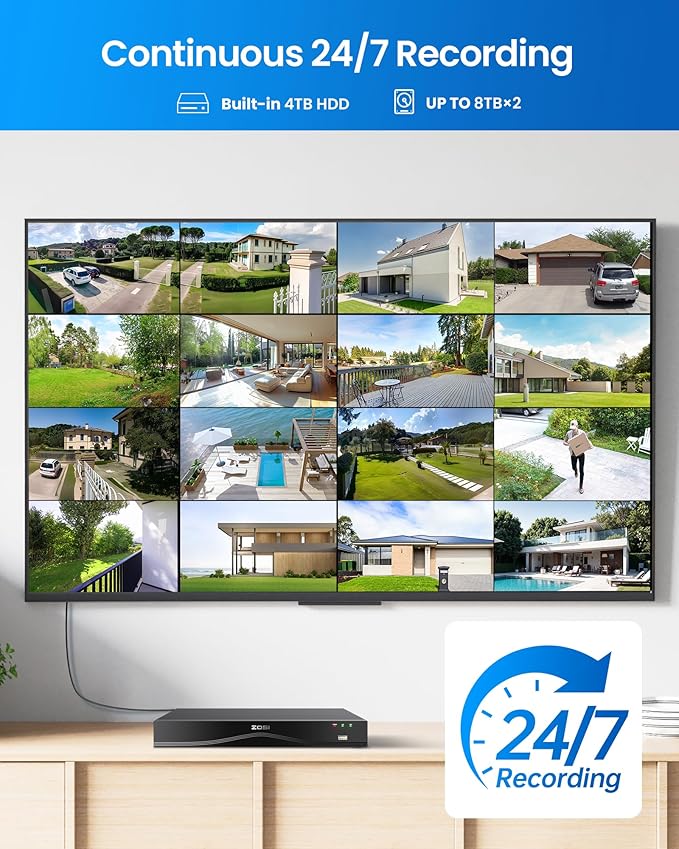 ZOSI 4K PoE Security Camera System with 4TB HDD,10pcs 8MP Outdoor PoE Cameras,People Counting,Person/Vehicle Detection,One-Way Audio,Dual Disk Backup,8MP/4K 16 Port 32CH NVR for 24/7 Recording